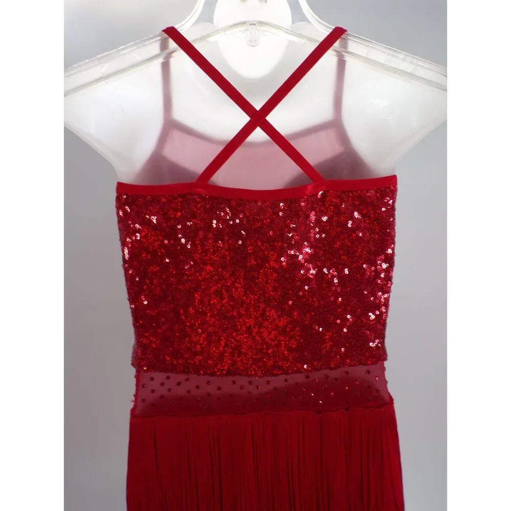 Pre-Owned Dance Costume AWCT 24022 Med-Lar Child Red Fringe Jazz Tap Sequins/Rh
